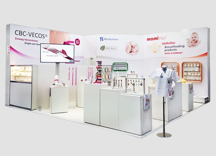 Exhibition stand at Medica with CBC, mamivac and Motherlove products