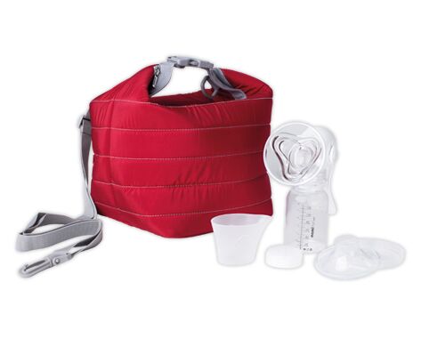 Red transport bag with cooling function, next to it are a manual breast pump, soft insert and babyfeed